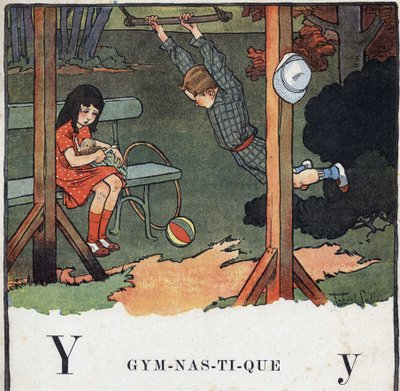 كتاب الأطفال "" سوف أقرأ - الأبجدية المنهجية والممتعة لأبي "" "1926. رسم لروبرت ساليس (1871-1929). Abecedary: الحرف Y مثل الجمباز. أرجوحة فتى بينما تلعب فتاة دمية. بواسطة روبرت ساليس