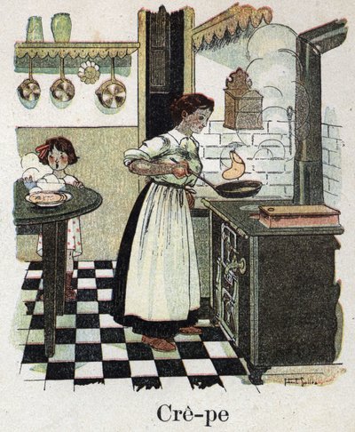 كتاب الأطفال "" سوف أقرأ - الأبجدية المنهجية والممتعة لأبي "" "1926. رسم لروبرت ساليس (1871-1929). الأم تنفخ الكريب في المقلاة. بواسطة روبرت ساليس