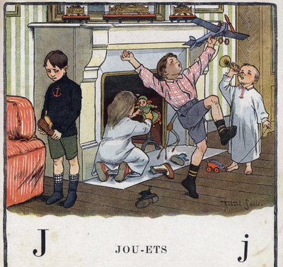 كتاب الأطفال "" سوف أقرأ - الأبجدية المنهجية والممتعة لأبي "" "1926. رسم لروبرت ساليس (1871-1929). Abecedaire: حرف J مثل ألعاب. تلقى الأطفال ألعابًا في أحذيتهم ويستمتعون بها. أحد الأطفال لم يحصل على هدية مرحبًا بواسطة روبرت ساليس