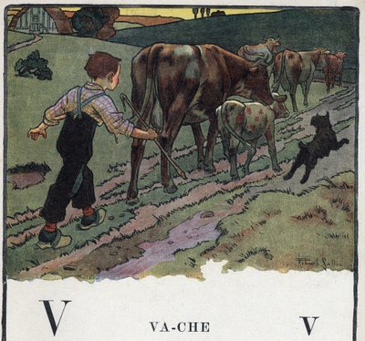 كتاب الأطفال "" سوف أقرأ - الأبجدية المنهجية والممتعة لأبي "" "1926. رسم لروبرت ساليس (1871-1929). الأبجداري: الحرف الخامس كبقرة. صبي يساعد كلبًا ، يقود قطيعًا من الأبقار إلى الحقل. بواسطة روبرت ساليس