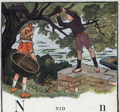 كتاب الأطفال "" سوف أقرأ - الأبجدية المنهجية والممتعة لأبي "" "1926. رسم لروبرت ساليس (1871-1929). Abecedary: الحرف N كعش. صبي يأخذ عشًا مبنيًا على شجرة. بواسطة روبرت ساليس