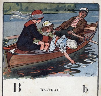 كتاب الأطفال "" سوف أقرأ - الأبجدية المنهجية والممتعة لأبي "" "1926. رسم لروبرت ساليس (1871-1929). Abecedaire: الحرف B على شكل قارب. عائلة في قارب تمشي. بواسطة روبرت ساليس