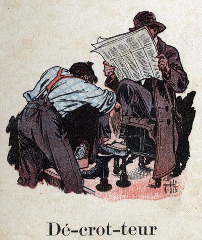 كتاب الأطفال "" سوف أقرأ - الأبجدية المنهجية والممتعة لأبي "" "1926. رسم لروبرت ساليس (1871-1929). "Decrotteur": ملمع أحذية ينظف حذاء العميل الذي يقرأ الجريدة. بواسطة روبرت ساليس