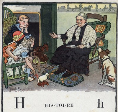 كتاب الأطفال "" سوف أقرأ - الأبجدية المنهجية والممتعة لأبي "" "1926. رسم لروبرت ساليس (1871-1929). Abecedaire: الحرف H كتاريخ. جدة تروي قصص أحفادها بالقرب من المدفأة. بواسطة روبرت ساليس