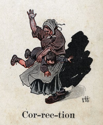 كتاب الأطفال "" سأقرأ - الأبجدية المنهجية والممتعة لأبي "" "1926. رسم لروبرت ساليس (1871-1929). "تصحيح"". العقوبة: تنشر الأم طفلها لتعاقبه بواسطة روبرت ساليس