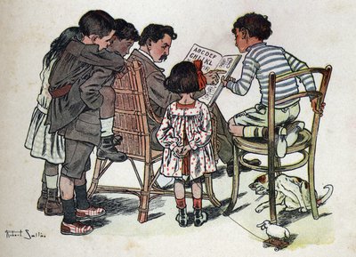 كتاب الأطفال "" سأقرأ - الأبجدية المنهجية والممتعة لأبي "" "1926. رسم لروبرت ساليس (1871-1929). والد الأسرة يعلم الأطفال القراءة. بواسطة روبرت ساليس