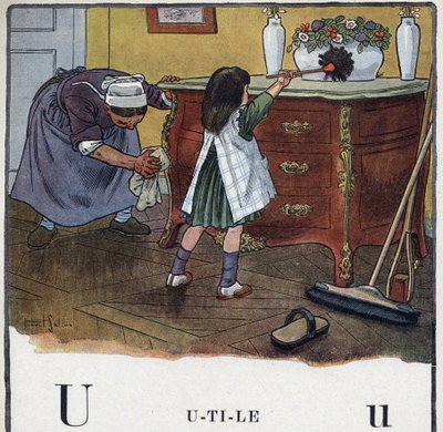 كتاب الأطفال "" سأقرأ - الأبجدية المنهجية والممتعة لأبي "" "1926. رسم لروبرت ساليس (1871-1929). Abecedary: الحرف U مفيد. فتاة تساعد في التنظيف والغبار. بواسطة روبرت ساليس