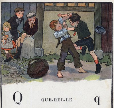 كتاب الأطفال "" سأقرأ - الأبجدية المنهجية والممتعة لأبي "" "1926. رسم لروبرت ساليس (1871-1929). Abecedaire: حرف Q مثل Querelle. صبيان يتقاتلان في الفناء. بواسطة روبرت ساليس