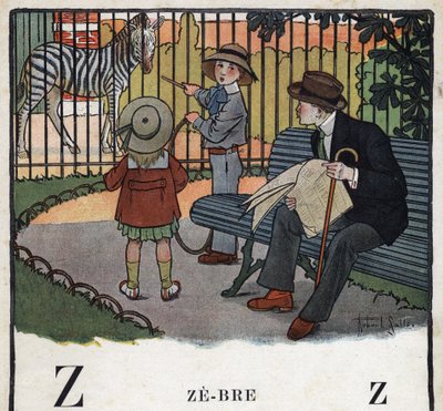 كتاب الأطفال "" سأقرأ - الأبجدية المنهجية والممتعة لأبي "" "1926. رسم لروبرت ساليس (1871-1929). Abecedaire: الحرف Z مثل Zebre. أطفال ، مع طوق ، ينظرون إلى حمار وحشي في حديقة حيوانات. بواسطة روبرت ساليس