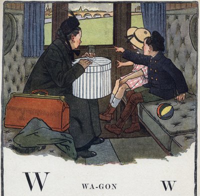 كتاب الأطفال "" سأقرأ - الأبجدية المنهجية والممتعة لأبي "" "1926. رسم لروبرت ساليس (1871-1929). Abecedaire: الحرف W مثل عربة. طفلان مع والدتهما يسافران في مقصورة قطار. بواسطة روبرت ساليس