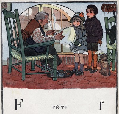 كتاب الأطفال "" سأقرأ - الأبجدية المنهجية والممتعة لأبي "" "1926. رسم لروبرت ساليس (1871-1929). Abecedaire: الحرف F مثل Fete. فتاة وصبي يقدمان هدايا لحفل جدهما. بواسطة روبرت ساليس