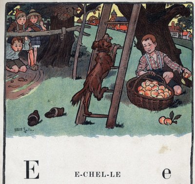 كتاب الأطفال "" سأقرأ - الأبجدية المنهجية والممتعة لأبي "" "1926. رسم لروبرت ساليس (1871-1929). Abecedary: الحرف E كمقياس. كلب يصعد إلى السلم ويقف أمام شجرة تفاح. بواسطة روبرت ساليس