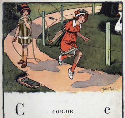 كتاب الأطفال "" سأقرأ - الأبجدية المنهجية والممتعة لأبي "" "1926. رسم لروبرت ساليس (1871-1929). Abecedary: الحرف C مثل حبل. فتاتان تلعبان قفز الحبل. بواسطة روبرت ساليس