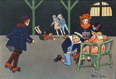 تزلج. النقش في "" ماذا نلعب؟ "" بقلم إي ويبر مع رسومات بالألوان المائية لروبرت ساليس (1871-1929). Librairie Garnier Freres ، باريس بواسطة روبرت ساليس