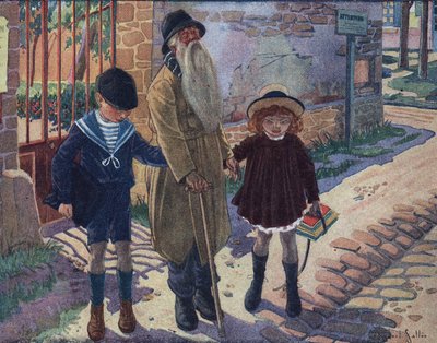 عصا الأعمى: طفلان يساعدان شيخاً أعمى على المشي. رسم إيضاحي لروبرت ساليس (1871-1929) في "" Je sais Lire "". بواسطة روبرت ساليس