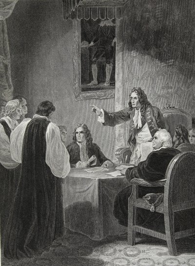 الأساقفة أمام مجلس الملكة الخاص ، 1688 ، محفور من قبل جورج نوبل ، رسم توضيحي من حانة ديفيد هيوم "تاريخ إنجلترا" ، الحانة. بقلم ر. بوير ، لندن ، 1812 بواسطة روبرت سميرك
