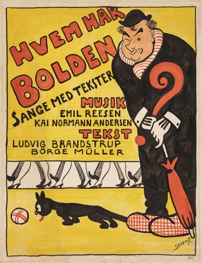 تخطيط لصفحة العنوان لـ "Hvem har Bolden". صورة كاريكاتورية لكارل الستروب بواسطة روبرت ستورم بيترسن