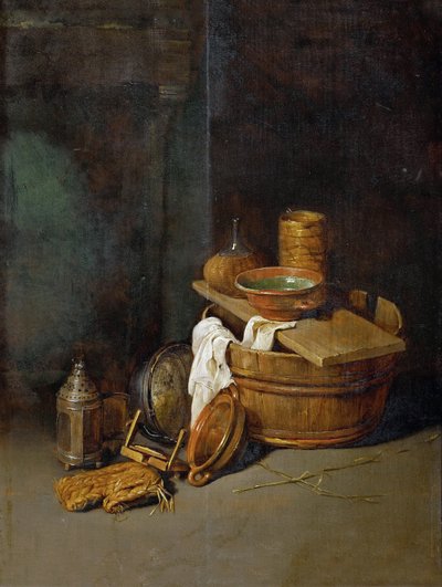 لا تزال الحياة مع الأواني المنزلية ، بواسطة Hoecke ، Robert van den (1622-1668). زيت على خشب بواسطة روبرت فان دن هويكي