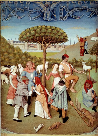 رقصة Champetre إعلان للرعاة. صورة مصغرة مأخوذة من "" كتاب الصلوات للكاتب تشارلز دانجوليم (1460-1496) "من تيستارد تاب (نشط بين 1475-1523) بواسطة Robinet Testard