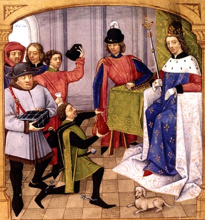 الفرنسي kinf Philip V (1293-1322) يتلقى الضرائب والإضاءة بواسطة Robinet Testard من "Grandes Chroniques de France" 1471 بواسطة Robinet Testard