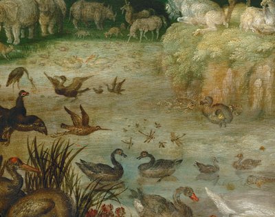 البركة. حيوانات تشرب وبط يسبح ووحيد القرن في الخلفية (لوحة على قماش) بواسطة Roelandt Jacobsz. Savery