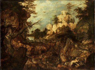 صيد الخنازير البرية في المناظر الطبيعية الصخرية بواسطة Roelandt Jacobsz. حفظ