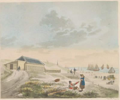 الشاطئ في Scheveningen ، حوالي 1825 منظر للشاطئ والكثبان الرملية في Scheveningen وتمثيل حمام السيد برونك / Vue du rivage et des dunes a Scheveninge et تمثيل des Bains appartement à mons.r Pronk (العنوان على الكائن) بواسطة إيفرت ماسكامب