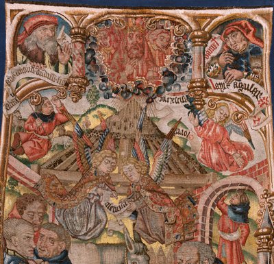 نسيج فلمنكي. ثلاثية ولادة المسيح (Tríptico del Nacimiento de Jesús). نماذج من رسام الكاريكاتير لدائرة Rogier van der Weyden. صنع جنوب هولندا. كاليفورنيا 1492. نسيج الذهب والفضة والحرير والصوف. بواسطة روجير فان دير (دائرة) وايدن