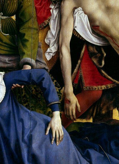 Deposition or descent of the cross. Detail of the hand of the vanished virgin and of the hand of Christ. Rogier Altarpiece (Roger) Van Der Weyden (1400-1464) 1435 Dim. 2,20 x 0,35 m Madrid, Prado Museum بواسطة روجير فان دير ويدين