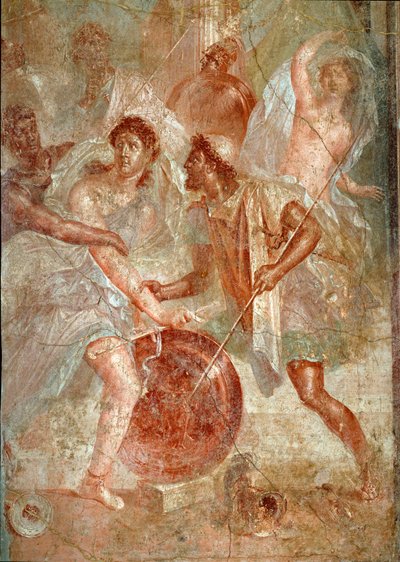Achilles, disguise in women, is recognized by Ulysses among the daughters of Lycomede a Scyros Fresco of Pompei. 1st century AD. Dim. 145,5x137,5 cm Naples, national archeological museum - Roman Art. Violent struggle between the people of Pompeii and Nocer بواسطة رواية