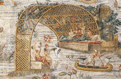 Banquet under pergola, detail from Nilotic mosaic of flooding of river Nile in Egypt, from Sanctuary of Fortuna Primigenia at Palestrina, Lazio, Italy, Roman civilization بواسطة رواية