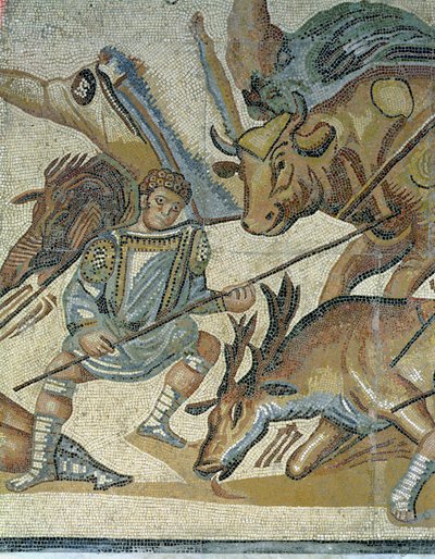 معركة بين المصارعون والحيوانات ، تفاصيل مصارع يهاجم ثورًا ، 320 م (فسيفساء) بواسطة رواية