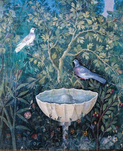 Detail of fountain and birds from a garden painting, House of the Golden Bracelet, Pompeii بواسطة رواية