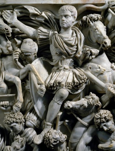 Equestrian portrait of Hostilianus, son of Emperor Decius, together with his guards on horseback, detail from The Great Ludovisi sarcophagus with relief depicting battle between Romans and Ostrogoths, ca 260, Roman Civilization, 3rd century بواسطة رواية