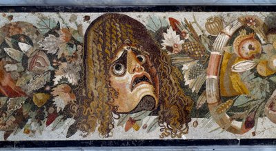 Feston with mask, leaves and fruit. Detail. Mosaic from Casa del Fauno in Pompei, 2nd century BC. Dim: 280 x 49 cm. Museo Nazionale Archeologico, Naples - Roman art: festoon with tragic mask, leaves and fruits. Detail. Mosaic from the House of the Faun, Po بواسطة رواية