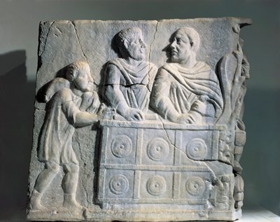Fragment of sarcophagus depicting moneychanger, from Rome, Viale del Re بواسطة رواية