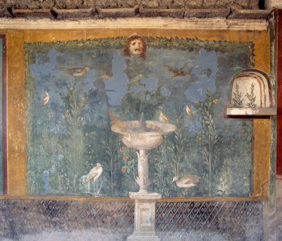 Fresco with fountain, mask and birds, House of Venus in Shell, Pompeii (Unesco World Heritage List بواسطة رواية
