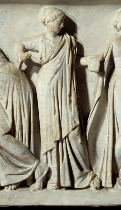 La muse Calliope, detail of the Sarcophagus des Muses: representation of the muses deesses of arts and letters. Marble sculpture. 150 AD. Paris, Louvre Museum. بواسطة رواية