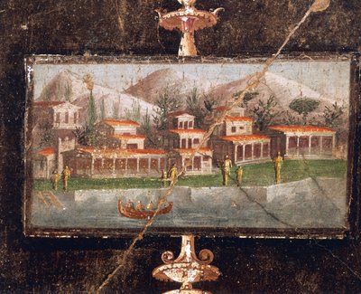 Landscape and architecture in wall painting in tablinum, House of Marco Lucrezio Fronto, Pompeii , Campania, Roman Civilization بواسطة رواية