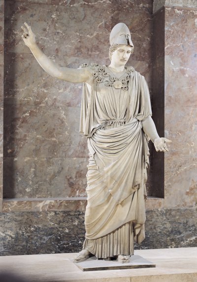 Pallas de Velletri ، تمثال أثينا خوذة ، نسخة رومانية من أصل يوناني منسوب إلى Alkamenes أو Cresilas ، c.420-10 قبل الميلاد (رخام) (انظر 164612 إلى 164615 لمزيد من التفاصيل) بواسطة رواية