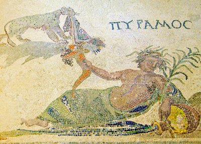 Pyramus and Thisbe ، تفاصيل Pyramus and the leopard، House of Dionysos، Paphos، Cyprus mosaic بواسطة رواية