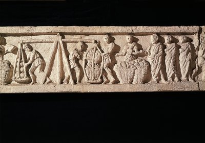 نقش يصور تكديس الأرغفة في سلال وأخذها للوزن. من قبر Euryaces the Baker ، Porta Maggiore ، روما ، كاليفورنيا. 50-20 قبل الميلاد 50-20 بواسطة رواية