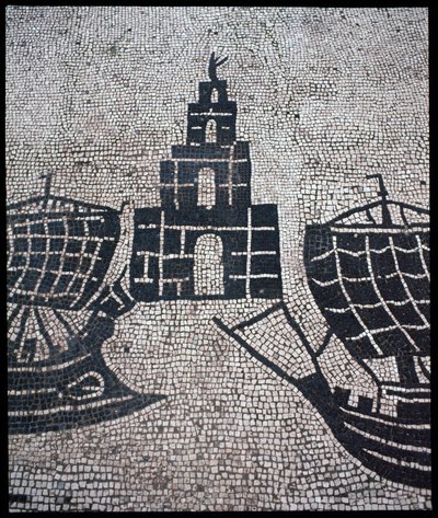 الفن الروماني: "" Lighthouse and Ships "" فسيفساء شركة des gens de la Mer، Place des Corporations بواسطة رواية