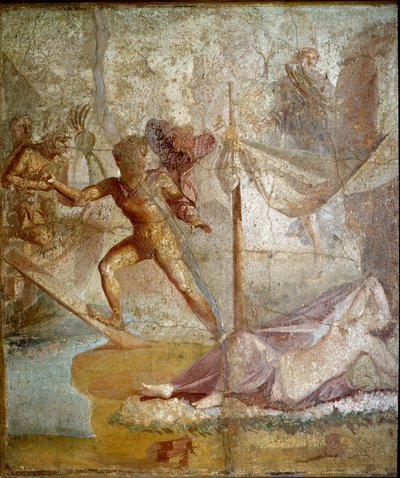 الفن الروماني: "" Thesee يتخلى عن Ariane "" لوحة جدارية رومانية من موقع Pompei. القرن الأول الميلادي. نابولي ، المتحف الأثري الوطني بواسطة رواية
