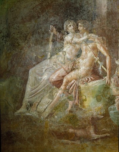 الفن الروماني: "" Venus et Mars "" "لوحة جدارية من منزل عازف الجيتار في بومبي. النمط الثالث. حجم 253x150 سم المتحف الأثري الوطني ، نابولي بواسطة رواية