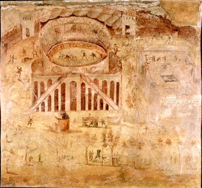الفن الروماني: "" صراع عنيف بين سكان Nocera و Pompeians في مدرج بومبي في 59 بعد الميلاد "تفاصيل لوحة جصية. القرن الأول الميلادي. من موقع بومبي. نابولي ، Museo Archeologico Nazionale بواسطة رواية