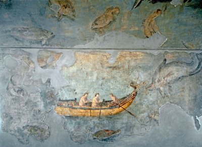 Roman Art: “” fishermen on a boat””” Fresco from a house located near a river port of Rome. 131 AD. Rome, Museo Nazionale Romano (o delle Terme) بواسطة رواية