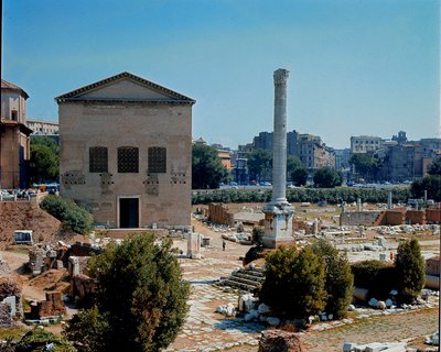 Roman Forum: view of the Curia (curia) meeting place of the Senate. 1st century BC. Rome بواسطة رواية