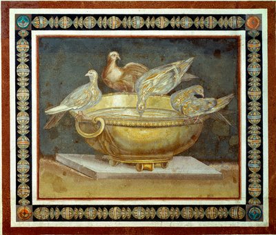 الفن الروماني: أربع حمامات تشرب ينبوعًا. فسيفساء قادمة من Villa Adriana (Villa d'Hadrian أو Villa Hadrienne) في تيفولي. القرن الثاني بعد JC. روما ، متحف الكابيتوليني - الفن الروماني: أربع حمامات تشرب من حوض ذهبي. فسيفساء من فيلا Adriana (H بواسطة رواية