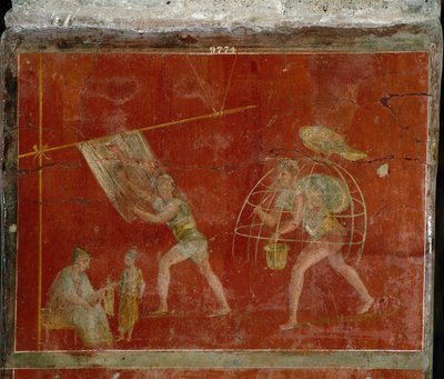 الفن الروماني: مشهد "" فولونيكا "" أو فقي "" يمثل تنظيف الملابس. فريسكو من فيلا Fullonica stephani (La fullonica de Stephanus) في بومبي ، والتي كانت تستخدم كغسيل وصباغة. لوحة من القرن الأول الميلادي. متحف نابولي بواسطة رواية